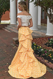 Charming 2 Pieces Off The Shoulder Yellow Long  Mermaid Prom Dress OKH2