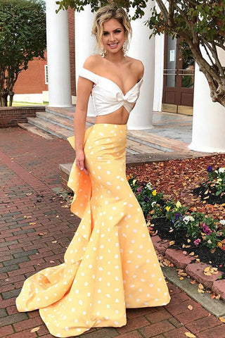 Charming 2 Pieces Off The Shoulder Yellow Long  Mermaid Prom Dress OKH2
