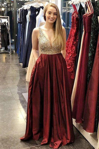 Burgundy A-line Beaded Prom Dress V-neck Formal Dresses With Pockets OKKK49