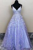 A Line Spaghetti Straps Lavender 3d Lace Floral Long Prom Dress Formal Gowns OK1180