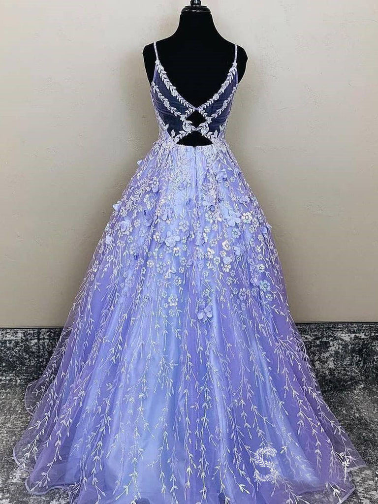 A Line Spaghetti Straps Lavender 3d Lace Floral Long Prom Dress Formal Gowns OK1180