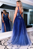 A Line V neck Navy Blue Prom Dress Sparkly Long Formal Evening Gown OK1148