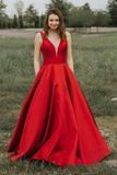 Simple A-line V-neck Satin Long Cheap Red Prom Dress with Pocket OKN85