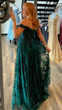 A Line Dark Green Off the Shoulder Lace Long Prom Dress Formal Evening Gowns OK1242