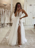 Spaghetti Straps A-Line Tulle V Neck Wedding Dress Long Split Prom Dress OK1205