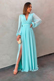 A Line V-Neck Long Sleeves Long Chiffon Prom Dress With Split OK1081