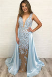 Glamorous Blue V Neck Lace Sleeveless Sexy Mermaid Prom Dress Evening Dress OK1264