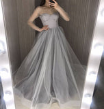 A Line Grey Long Sleeves Pearls Prom Dress Tulle Long Evening Dress OK1380