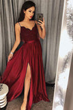 Dark Green Spaghetti Straps Split Lace Long Prom Dresses OK949