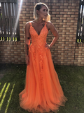 A Line V-neck Backless Lace Appliques Orange Prom Dress Formal Dress OK1307