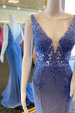 Elegant Periwinkle Plunge V Backless Mermaid Long Formal Gown Blue Prom Dresses OK1758