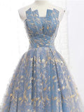 Blue and Gold Lace Ball Gown Prom Dress, Sweet 16 Princess Quinceanera Dress OKH63