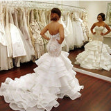 Backless Lace Strapless Bridal Dresses Mermaid Ruffled Train Wedding Dresses OK1590