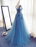 Charming Long Tulle Handmade A Line Blue Prom Gowns,Best Formal Women Dresses OK243