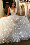 Glitter V Neck Sleeveless Floor Length Prom Dress Sparkly Long Wedding Dress OK1130
