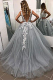Gray V Neck Long Prom Dresses for Teens, Puffy Appliqued Ball Gown with Beading OKH75
