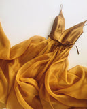 Spaghetti Strap A Line V Neck Gold Formal Cheap Long Prom Dress OKG75