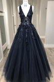 Deep V Neck Appliqued Prom Dress See Through Floor Length Formal Dresses OKS4