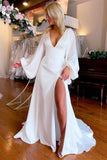 Simple White V-Neck Long Sleeves Backless Long Wedding Dress with Slit OK1588