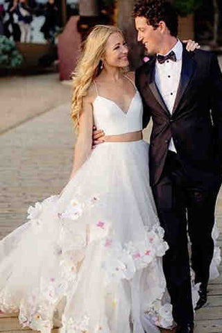 Spaghetti Straps Off White Two Piece Wedding Dresses, Long Tulle Pron Gown OKG79