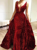 Burgundy Sequins Long V Neck Prom Dress Lace Evening Dresses OKP1