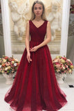 Burgundy V Neck Sleeveless Beaded Prom Dress Sweep Train Dress OKO89