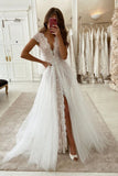 Gorgeous Deep V Neck Cap Sleeves Lace Tulle Wedding Dress OK1086