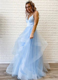 A Line Pink Tulle Long Prom Dress With Ruffles Spaghetti Straps Evening Dress OK1336