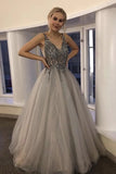 A Line V Neck Tulle Grey Sequins Long Prom Dresses Evening Party Dresses OK1801