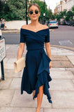 Off Shoulder Navy Blue A Line Short Homecoming Dresses Cocktail Dresses OK1434