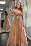 Sparkle Sweetheart Gold Sequins Prom Dress A Line Evening Formal Dress OK1282