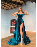 Chic A-Line Scoop Neck Hunter Green Velvet Long Prom Evening Dress with High Split OK1213