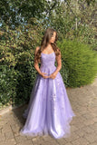 Spaghetti Straps Purple Lace Appliques Long A-Line Prom Dress Evening Dress OK1212