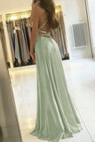 Simple A Line Sage Green Long Prom Dresses With Slit Evening Party Dress OKX79