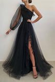 Princess Long Formal Evening Dress Black A Line Tulle Prom Dress OK1168