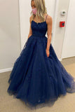 Navy Blue A Line Tulle Lace Appliques Evening Dress Formal Prom Dress OK1165