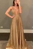 Gold Deep V-Neck Glitter A Line Long Prom Dress Evening Party Dress OK1269