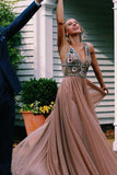 A-line V Neck Long Prom Dress with Beads Evening Party Dress Graduation Dress OKY81