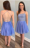 Sparkle Beading A Line Blue Short Homecoming Dress With Thin Straps OK1431