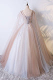 Romantic Tulle V neck Long Evening Dress,Lace Appliques Senior Prom Dresses OK990