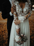 A-line Long Sleeves Lace Top Beach Wedding Dress Elegant Chiffon Bridal Gowns OKX89