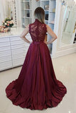 Cheap Maroon Lace Top Prom Dress Long Burgundy Evening Gown with High Neck OKI28