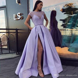 Light Purple A-Line Satin Slit Cap Sleeves Prom Dress With Pockets OKE52