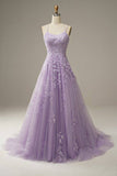 Lilac A Line Tulle Lace Appliques Long Prom Dress With Straps OK1048