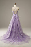 Lilac A Line Tulle Lace Appliques Long Prom Dress With Straps OK1048