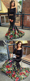 Two Piece Off the Shoulder Mermaid Long Sleeves Black Floral Printed Prom Dresses OKB94