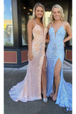 Elegant Mermaid Sequin V Neck Long Prom Dresses Formal Evening Dresses OK1942