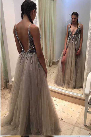 Sexy Deep V-neck Long A-line Tulle Backless Lace Prom Dress Women Dresses K769