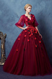 Dark Red Half Sleeves V Neck Ball Gown Prom Dresses with Rose Petal OKV7