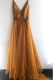 Spaghetti Strap A Line V Neck Gold Formal Cheap Long Prom Dress OKG75